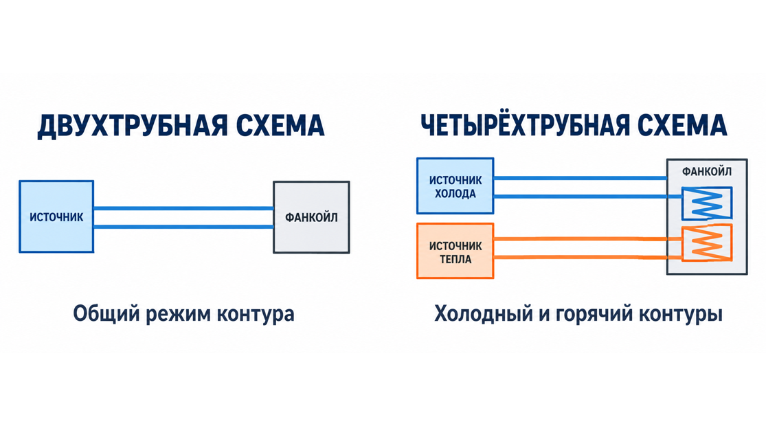 Две трубы общего контура и четыре трубы отдельных холодного и горячего контуров